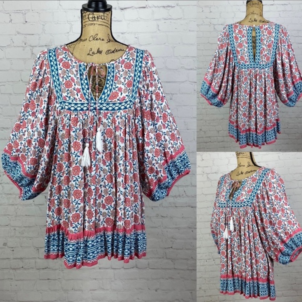 Boho Print Babydoll Tassel Ties Balloon Sleeve Tunic/Top